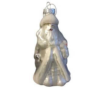 Blown Glass White Santa with Teddy Bear Christmas Holiday Xmas Ornament